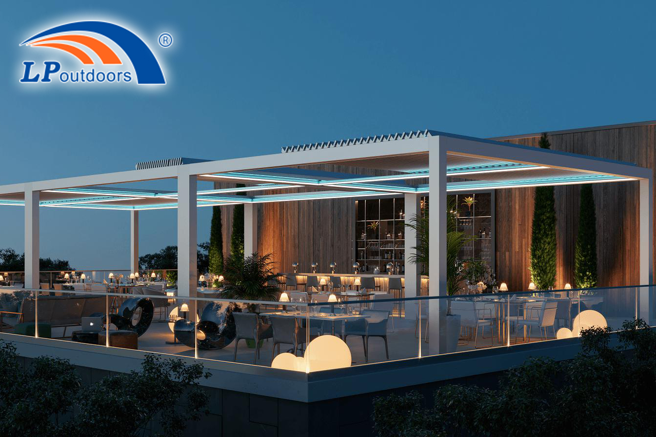 Pavillon à volet électrique pour villa, hôtel, pergola en alliage d'aluminium, pare-soleil intelligent, pavillon extérieur de loisirs avec lumière LED